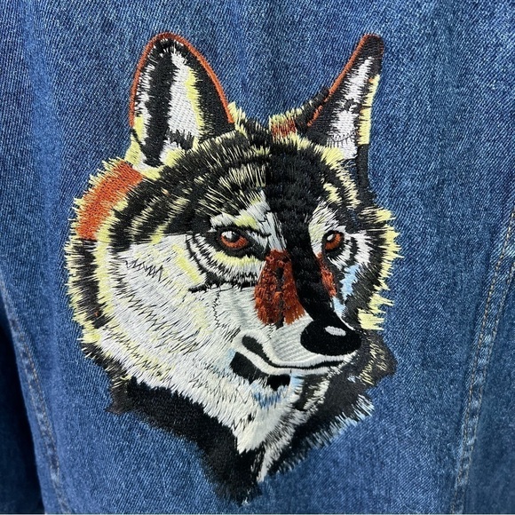 Elk Canyon Men’s Blue Jean Jacket Sz Large Dark Wash Wolf Embroidery On Back - Picture 6 of 12
